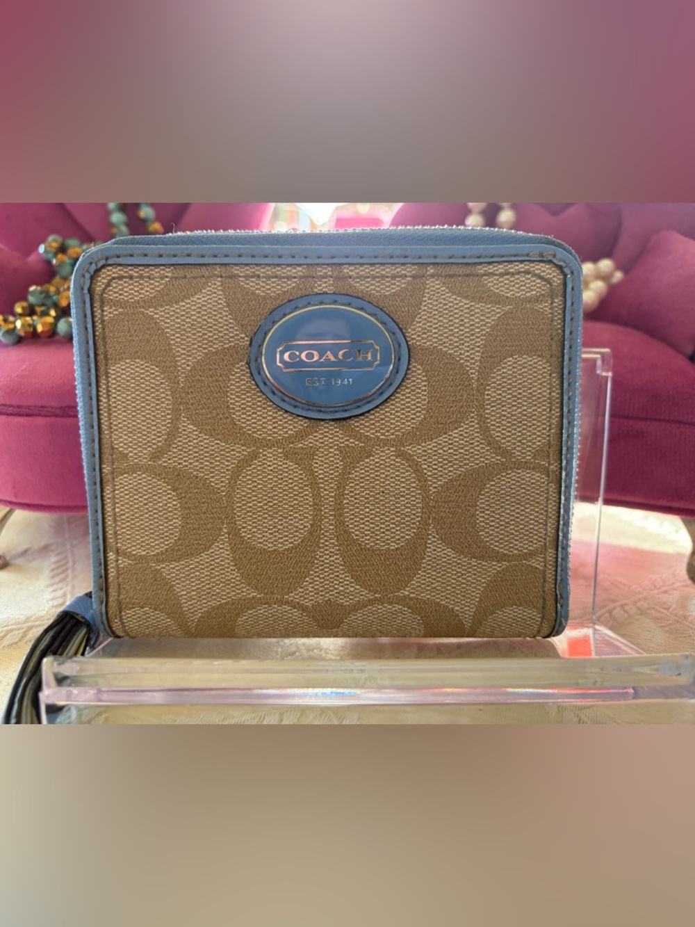 Coach Peyton Zip Around Canvas Wallet in Brown with Blue Trim